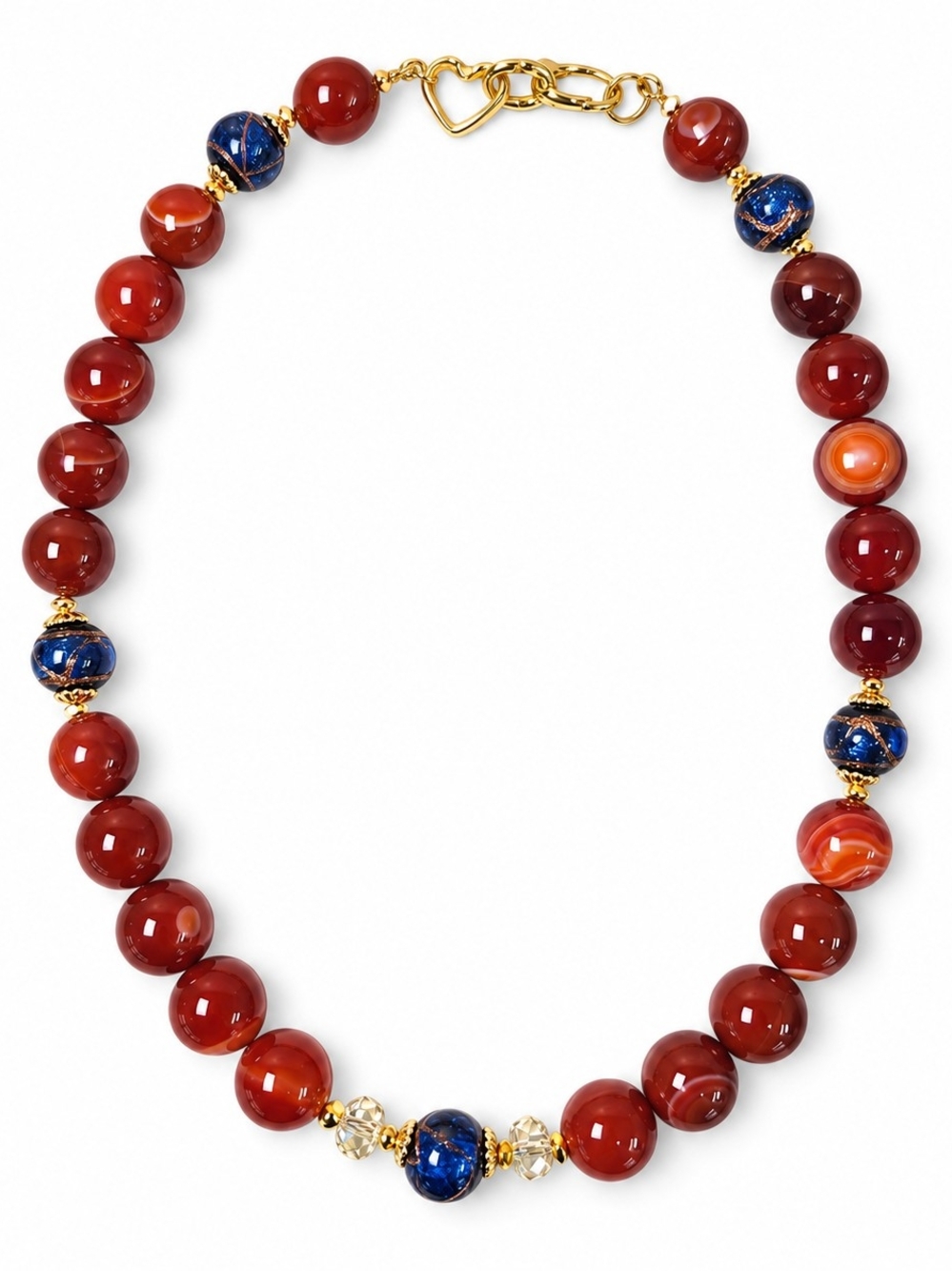 12 Mm  Carnelian Bead Necklace with Blue Accent Beads